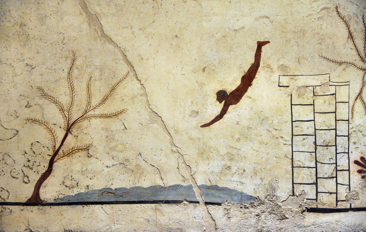 Græsk kunst: En ung svømmer, der dykker. Fresko af "dykkerens" grav, Paestum af Etruscan