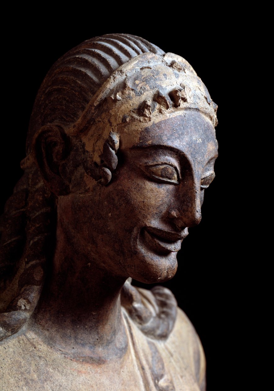 Hoved af Apollo fra Veio (Detalje) - Terracotta skulptur, 510-490 f.Kr. af Etruscan