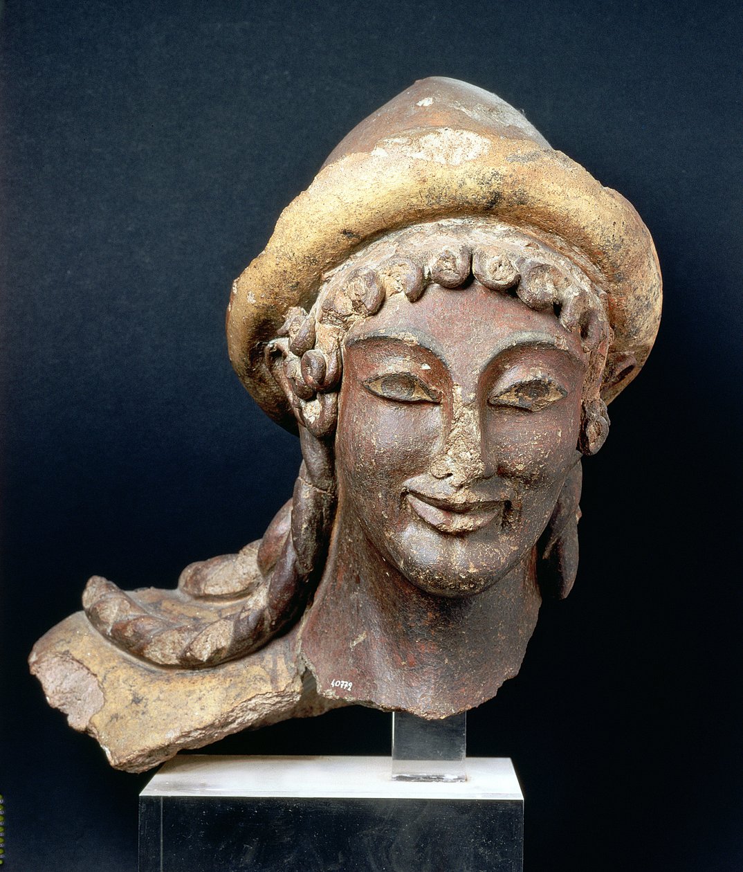 Hovedet af Hermes iført en pilos, fra Portonaccio-templet, Veii, 510-500 f.Kr. (polykrom terracotta) af Etruscan
