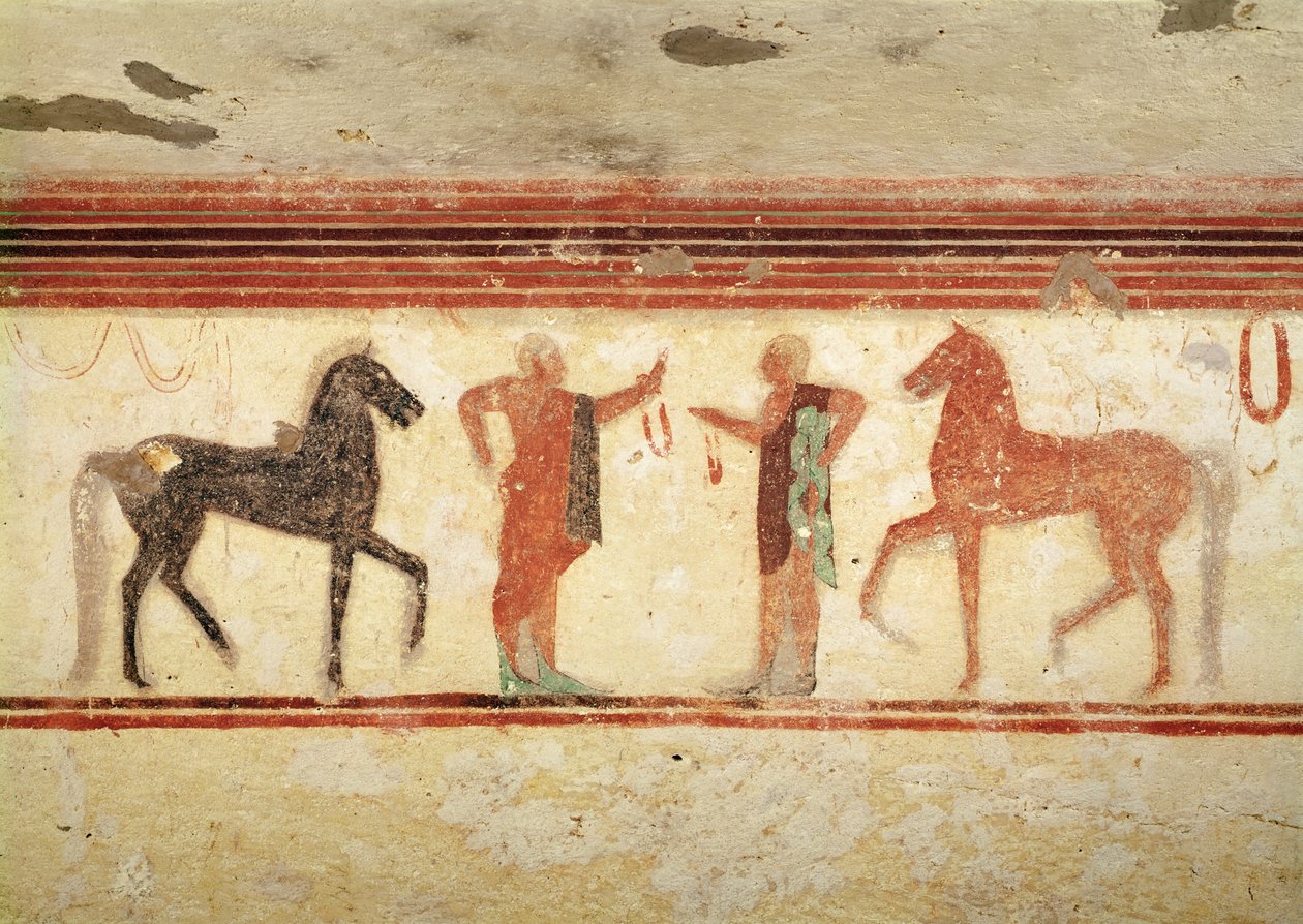 Heste og ryttere, der holder tøjlerne, fra baronens grav, ca. 500 f.Kr. (vægmaleri) af Etruscan