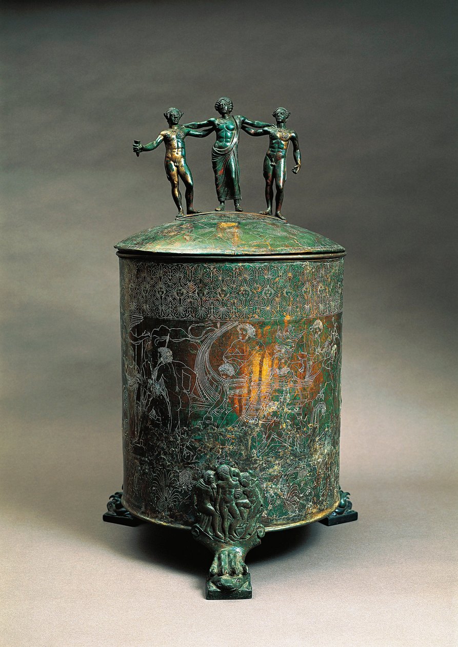 Italien, Lazio, Preneste, Ficoroni Cista (kobberskrin, der bruges til at holde juveler) med en dekoration, der skildrer Argonauts-myten af Etruscan