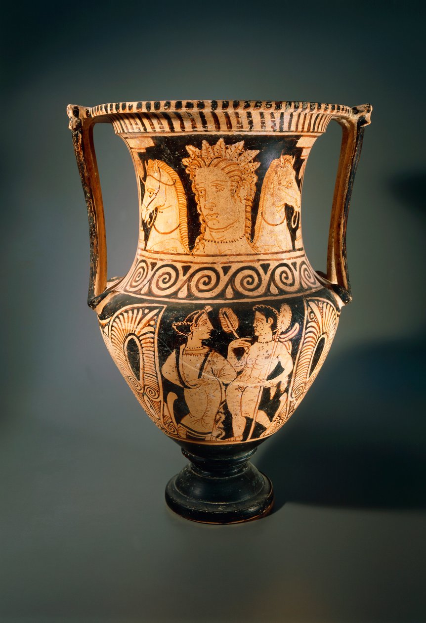 Kelebe eller søjlekrater, af Asciano-maleren, forestillende en ung pige, der modtager en flabellum (vifte). Keramik med røde figurer fra Poggio Pincis grav 3, Asciano (Toscana). Etruskisk civilisation, 4. århundrede f.Kr. af Etruscan