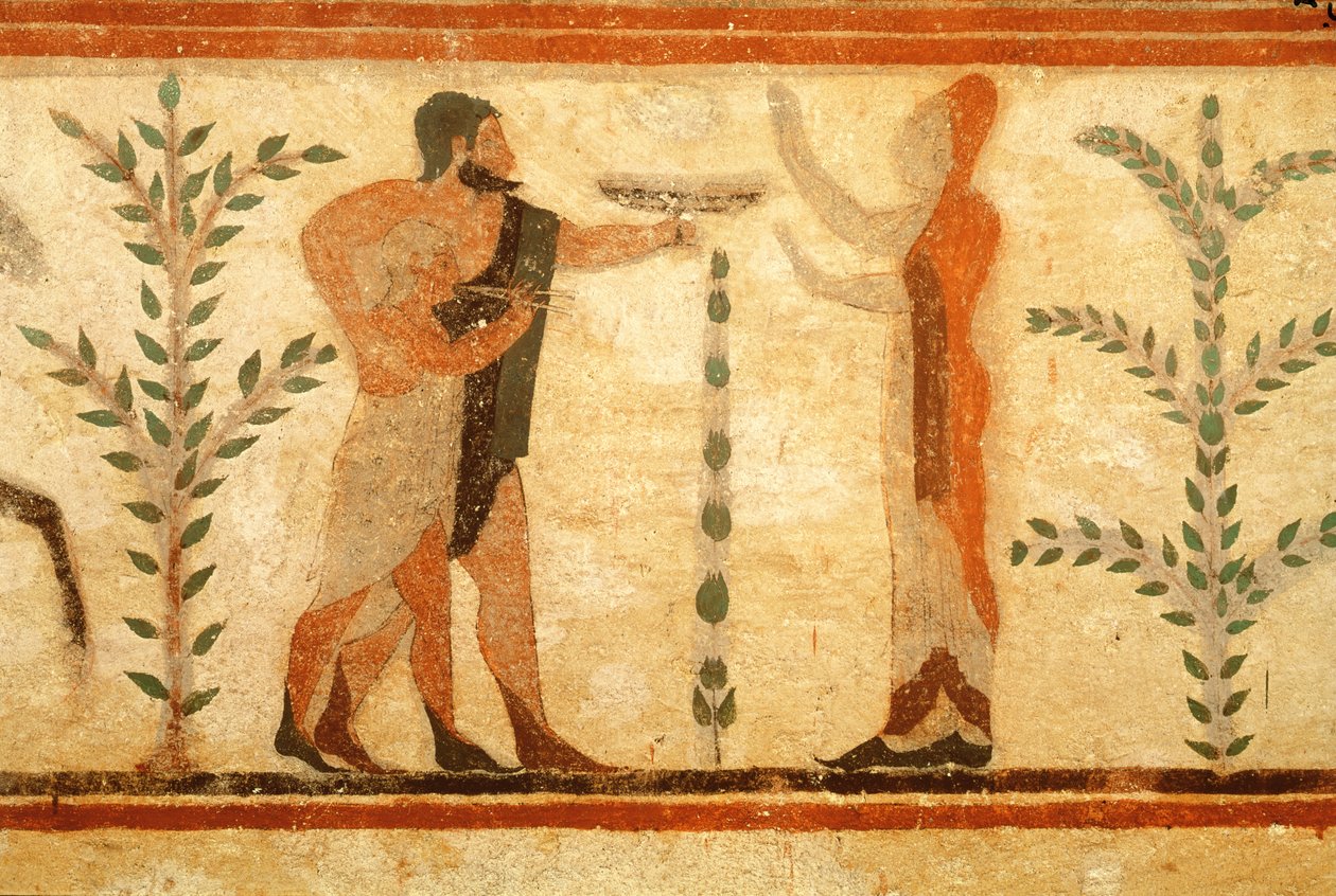 Mand og barn før den døde Heroisee, fra baronens grav, ca. 500 f.Kr. (vægmaleri) (for detaljer se 407469) af Etruscan