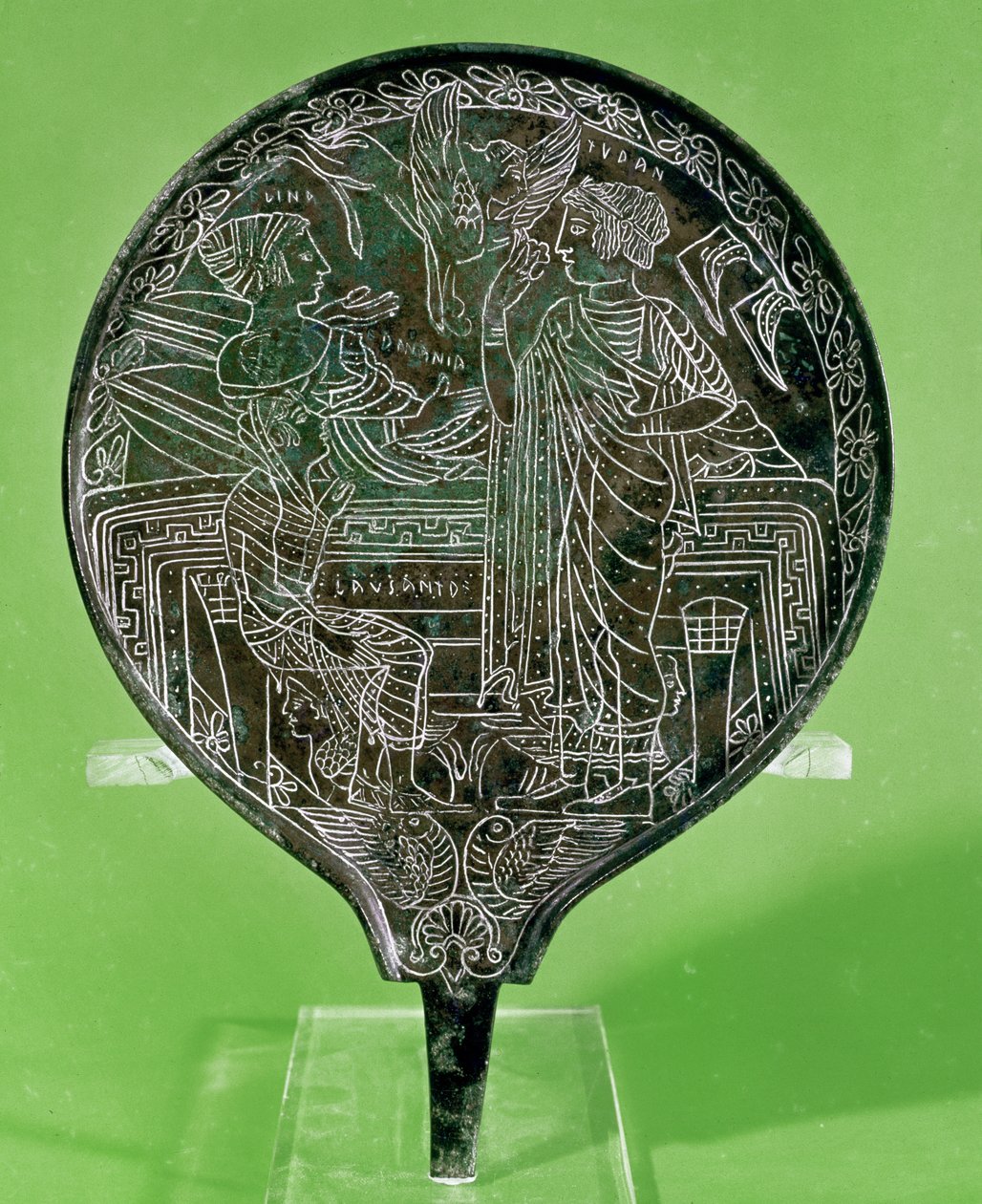 Spejl, der viser Afrodite, der overtaler Helen til at følge Paris til Troja, fra Palestrina (bronze) af Etruscan