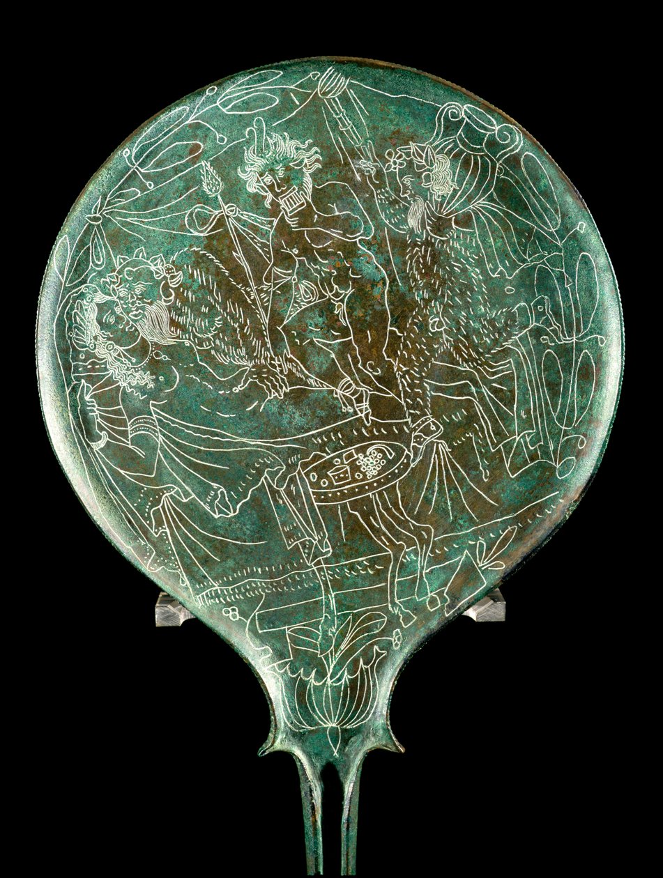 Spejl, der afbilder en mytologisk scene, fra Palestrina (Praeneste) (bronze) af Etruscan