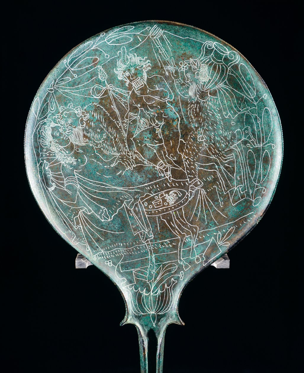 Spejl, der afbilder banketscene, bronzeartefakt fra Preneste (Lazio). Etruskisk civilisation, 4. århundrede f.Kr. af Etruscan