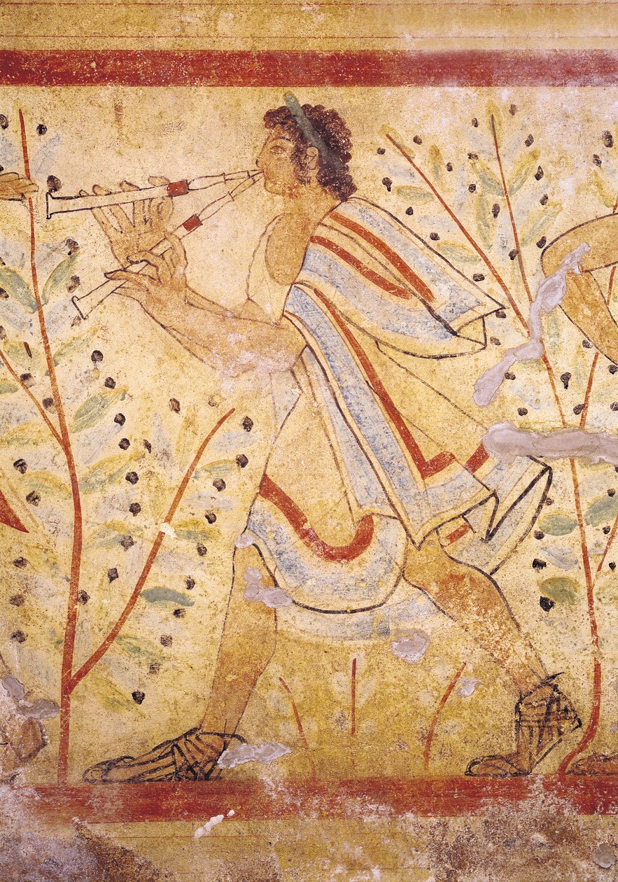 Musiker, der spiller rørene, fra leopardens grav, ca. 490 f.Kr. vægmaleri detalje fra 76027 af Etruscan