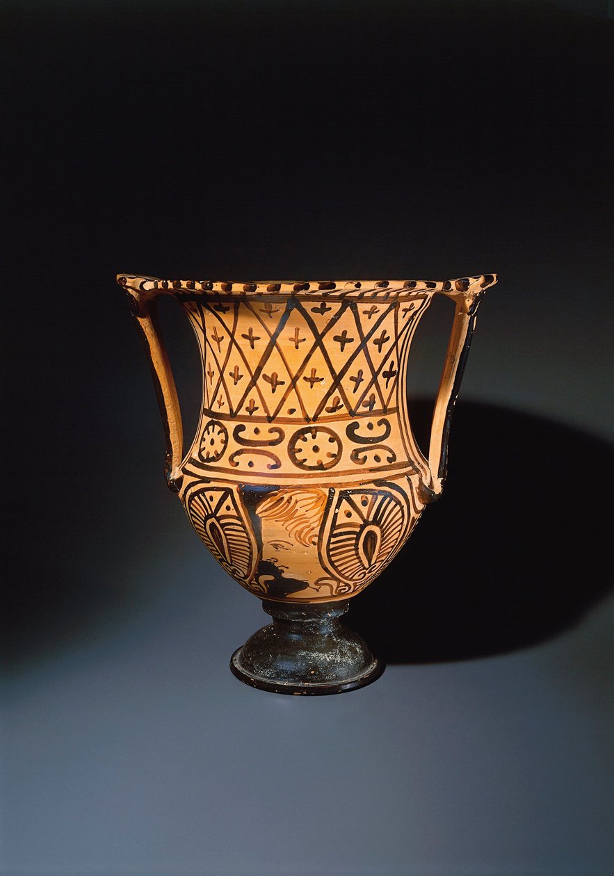 Krater med rød figur af kalyx (vase, der blev brugt til at blande vin og vand) med et menneskeansigt af Etruscan