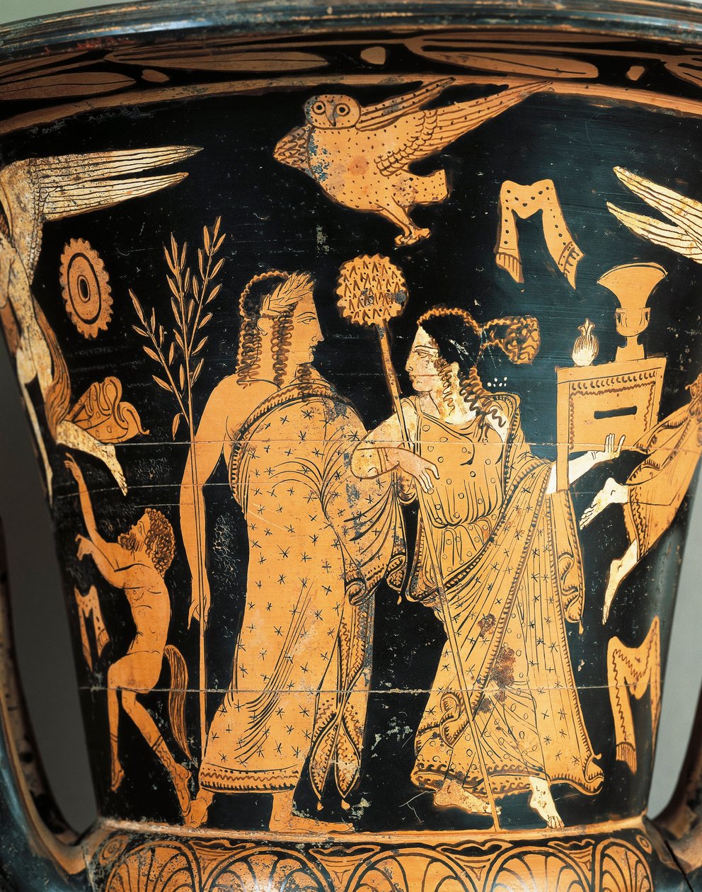 Keramik med røde figurer, Krater, fra Civita Castellana, antikke Falerii, Rom-provinsen, Italien, detalje, kronet Dionysos og Ariadne af Etruscan