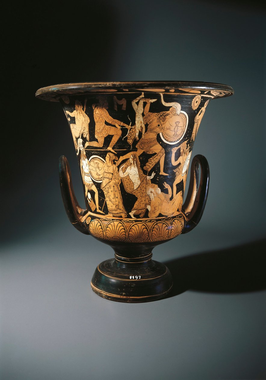 Keramik med rød figur, bægerkrater forestillende Neoptolemus, Astyanax, Helen af Troja og Priamo på jorden, af Nazzano Painter, fra Civita Castellana af Etruscan