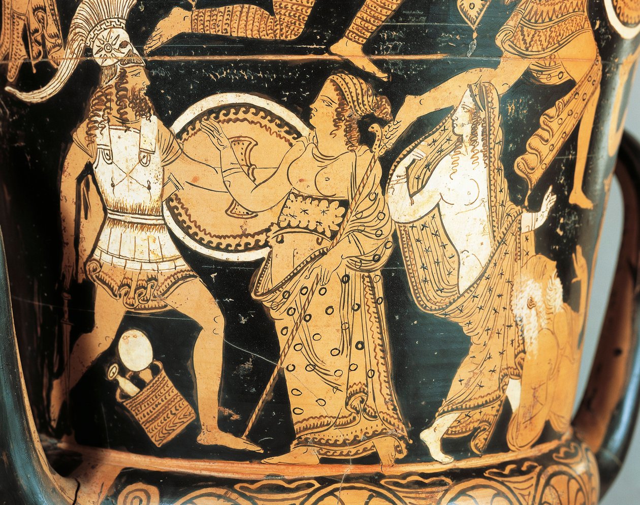 Keramik med rød figur, detalje af krater, der forestiller Menelaos konfronteret med Afrodite, da han når Helen, fra Civita Castellana, antikke Falerii, Rom-provinsen, Italien af Etruscan