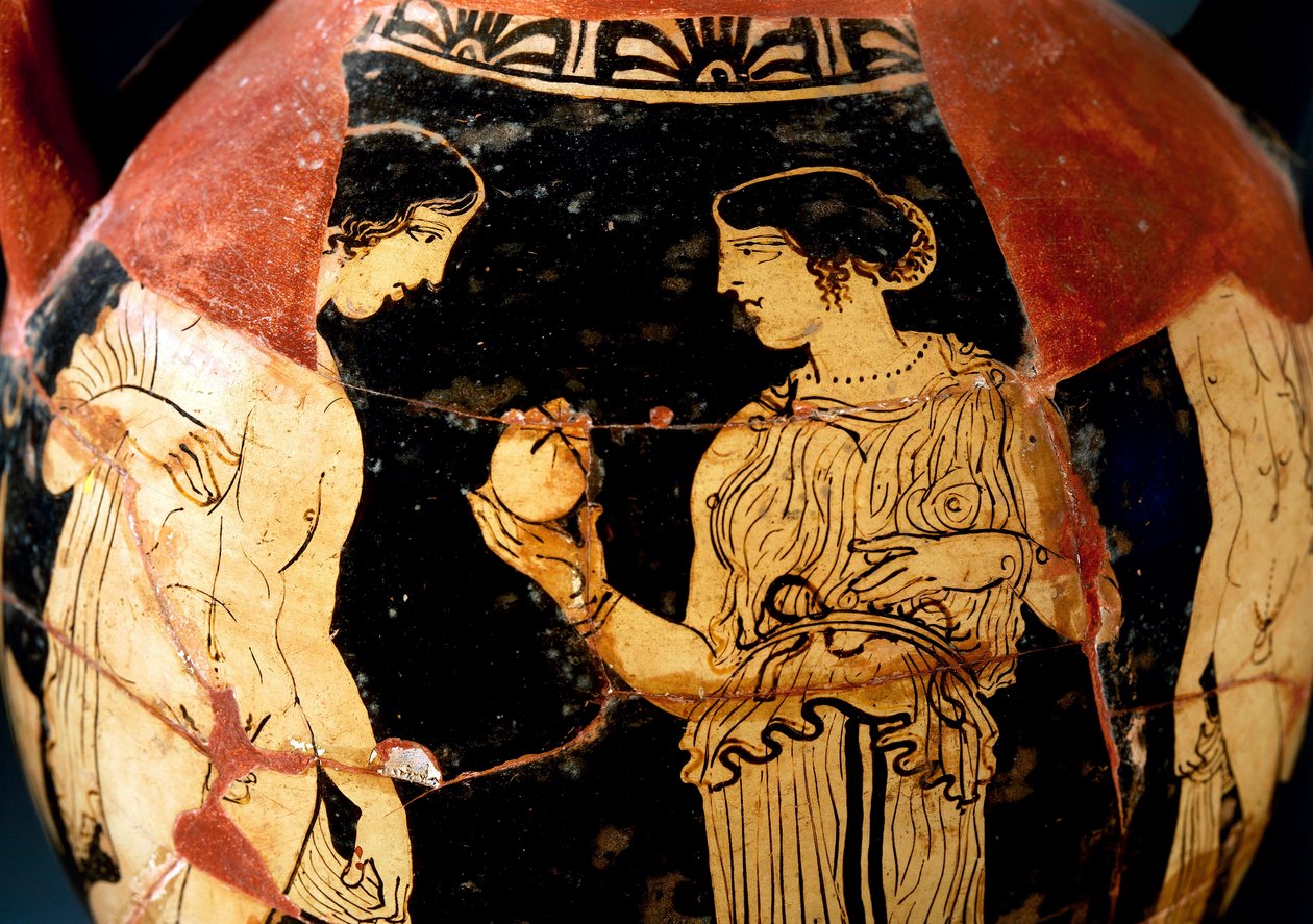 Keramik med rød figur, pelike forestillende ung pige, der tilbyder granatæble, restaureret af Sommavilla Painter af Etruscan