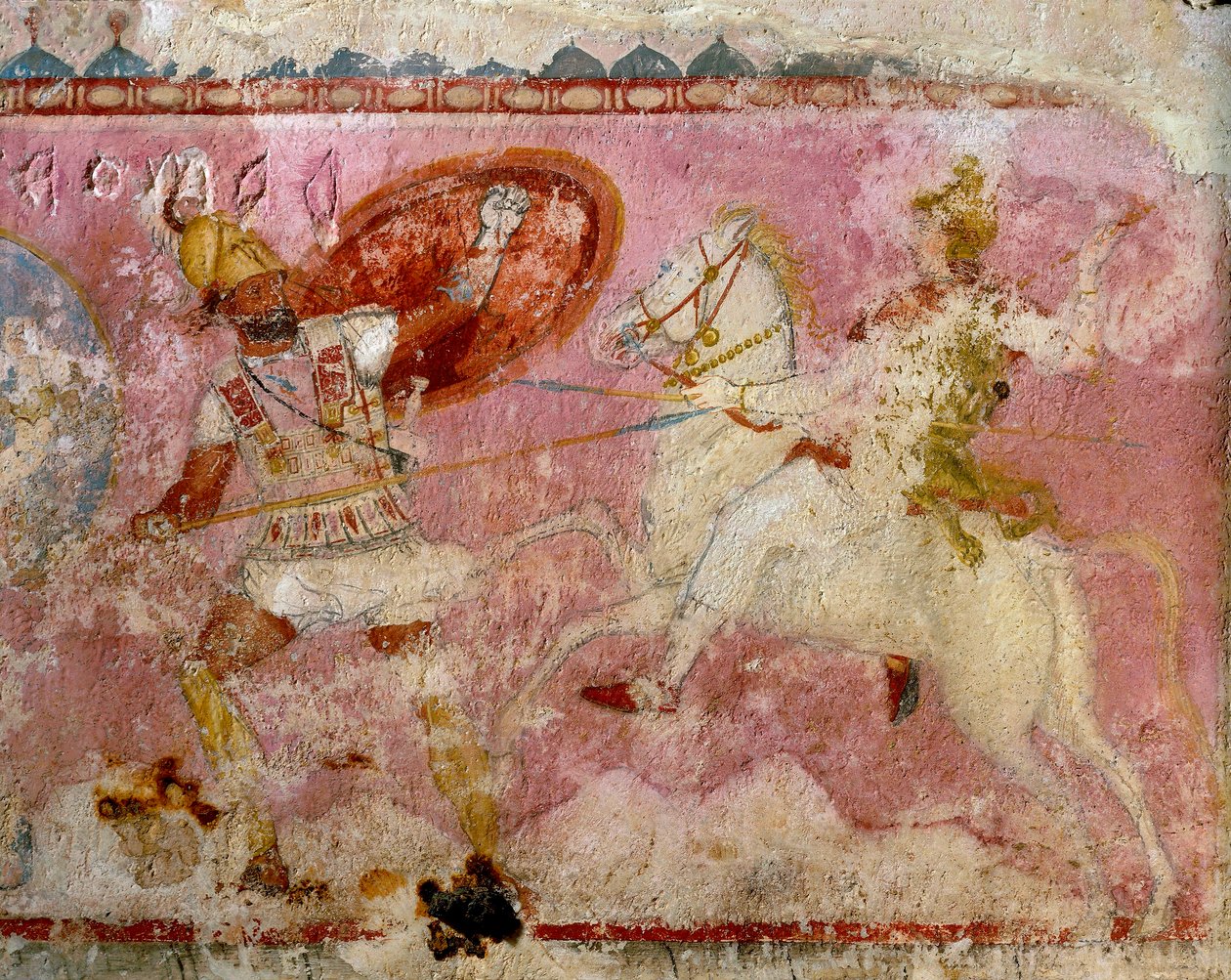 Amazone-sarkofag med malet scene af et slag, hvid kalksten, fra Tarquinia, Latium-regionen, Italien, detalje af Etruscan