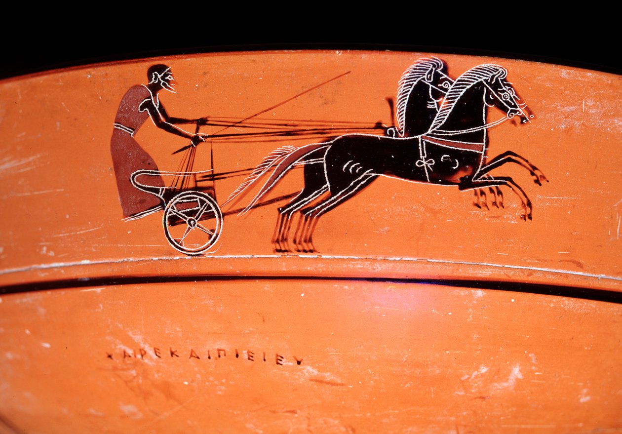 Terracotta vase detalje, der repræsenterer en vogn trukket af to heste, 4. århundrede f.Kr af Etruscan