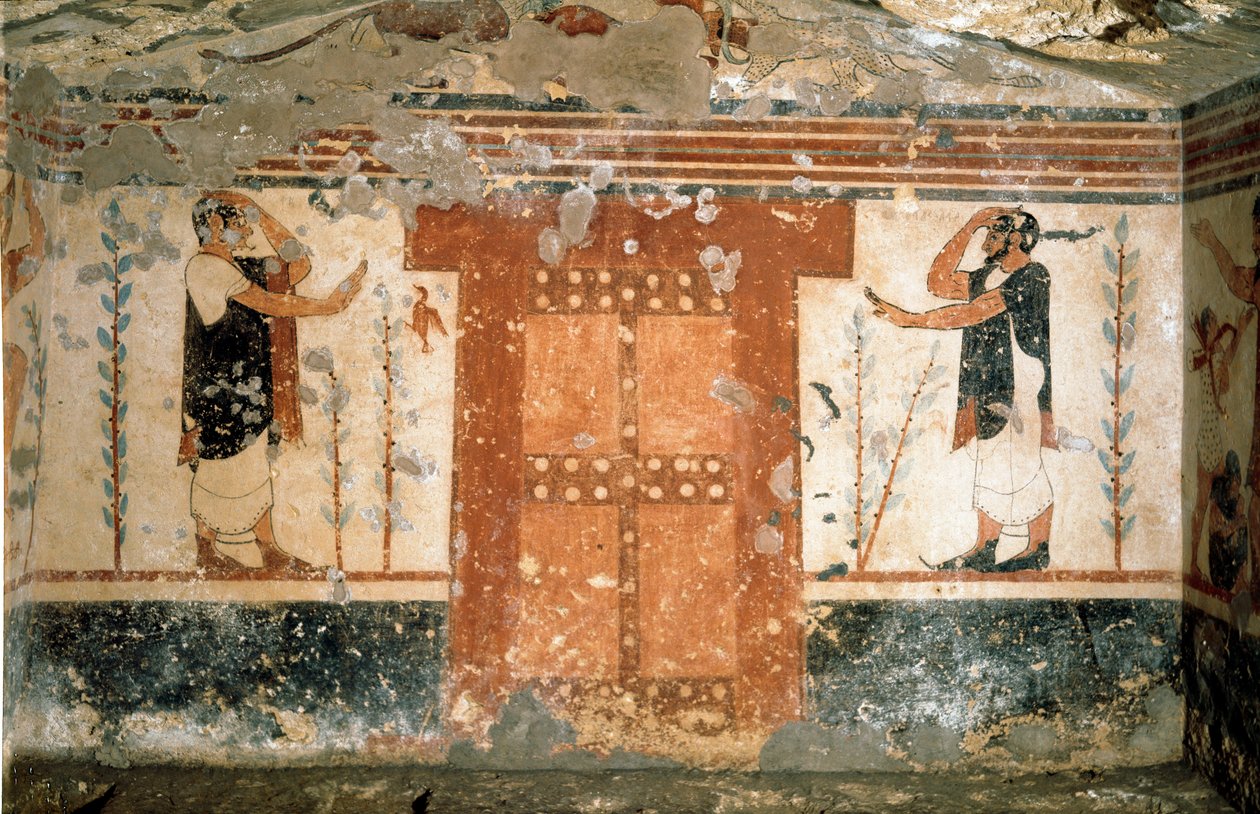 To karakterer, der hilser nær porten, der symboliserer indgangen til Dødens rige (Fresco, 530 f.Kr.) af Etruscan
