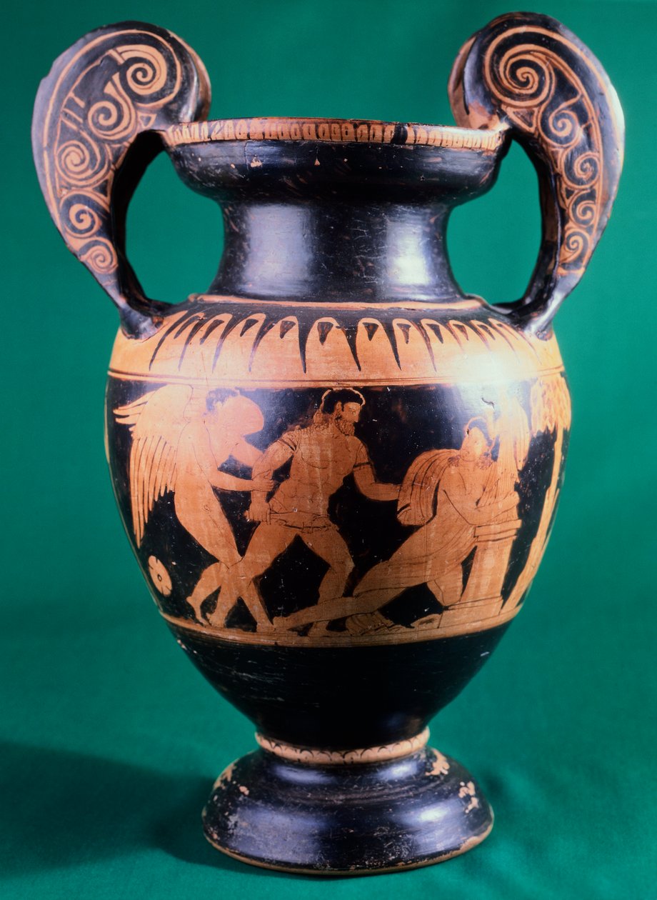 Volute krater af maleren af Mainz, forestillende en kriger og en amazone. Keramik med rød figur. Etruskisk civilisation, 4. århundrede f.Kr. af Etruscan