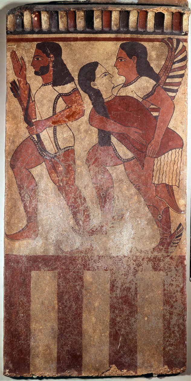 Etruskisk kunst: Plademalet terracotta kaldet Plaque Campana: en bueskytte, en åndsvinge, der bærer en feminin figur (Cerveteri (Italien), 6. århundrede f.Kr.). Paris, Musée du Louvre af Etruscan Etruscan