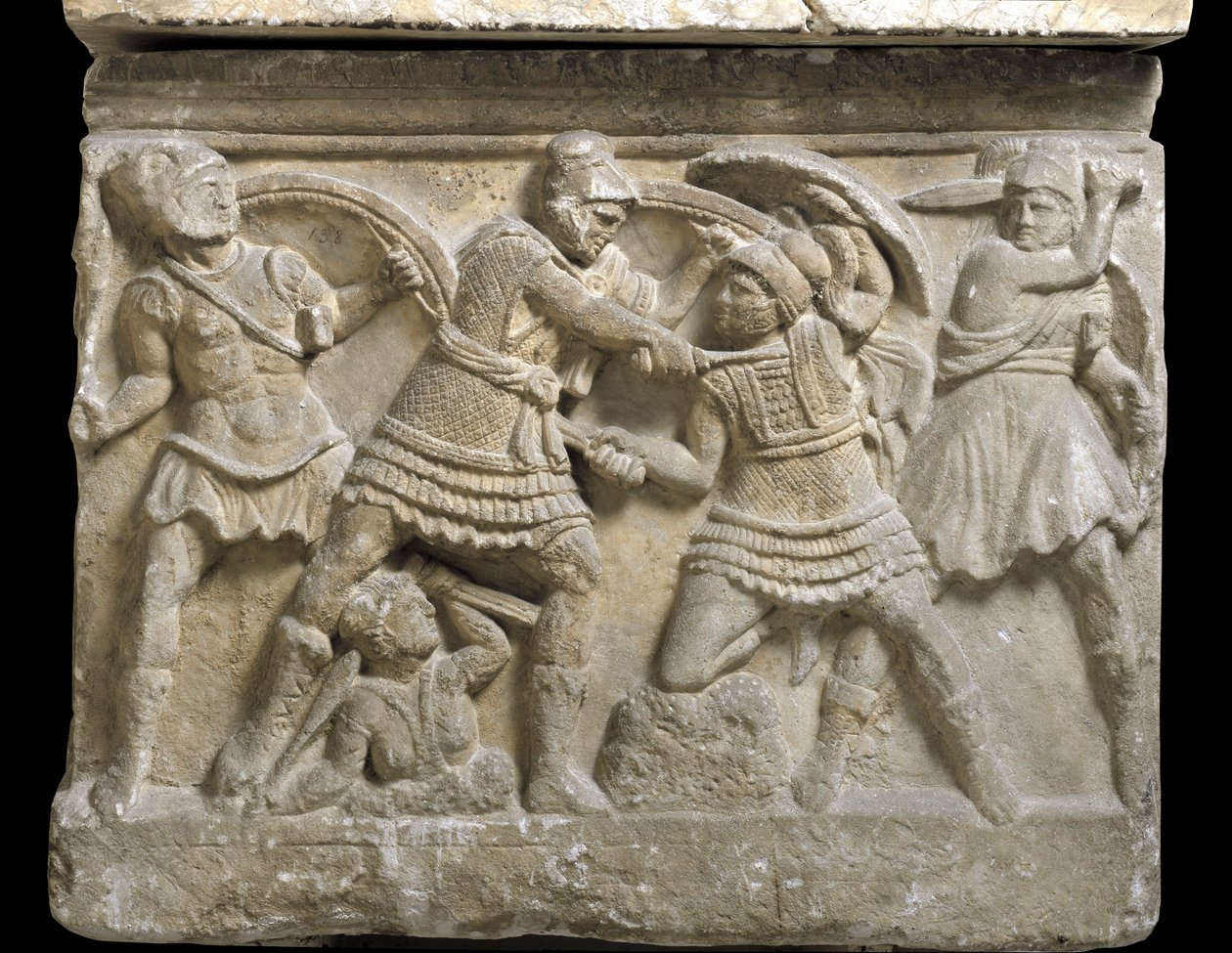 Etruskisk kunst: "" Eteocle og Polynice""" de to brødre, søn af Ødipus, Basrelief af en sarkofag af Chiusi, 3. århundrede f.Kr. - Palermo, Museo Archeologico Nazionale - Duel mellem brødrene Eteocles og Polynices, sønner af Oedipus - Bas -lettelse, detalje af Etruscan Etruscan
