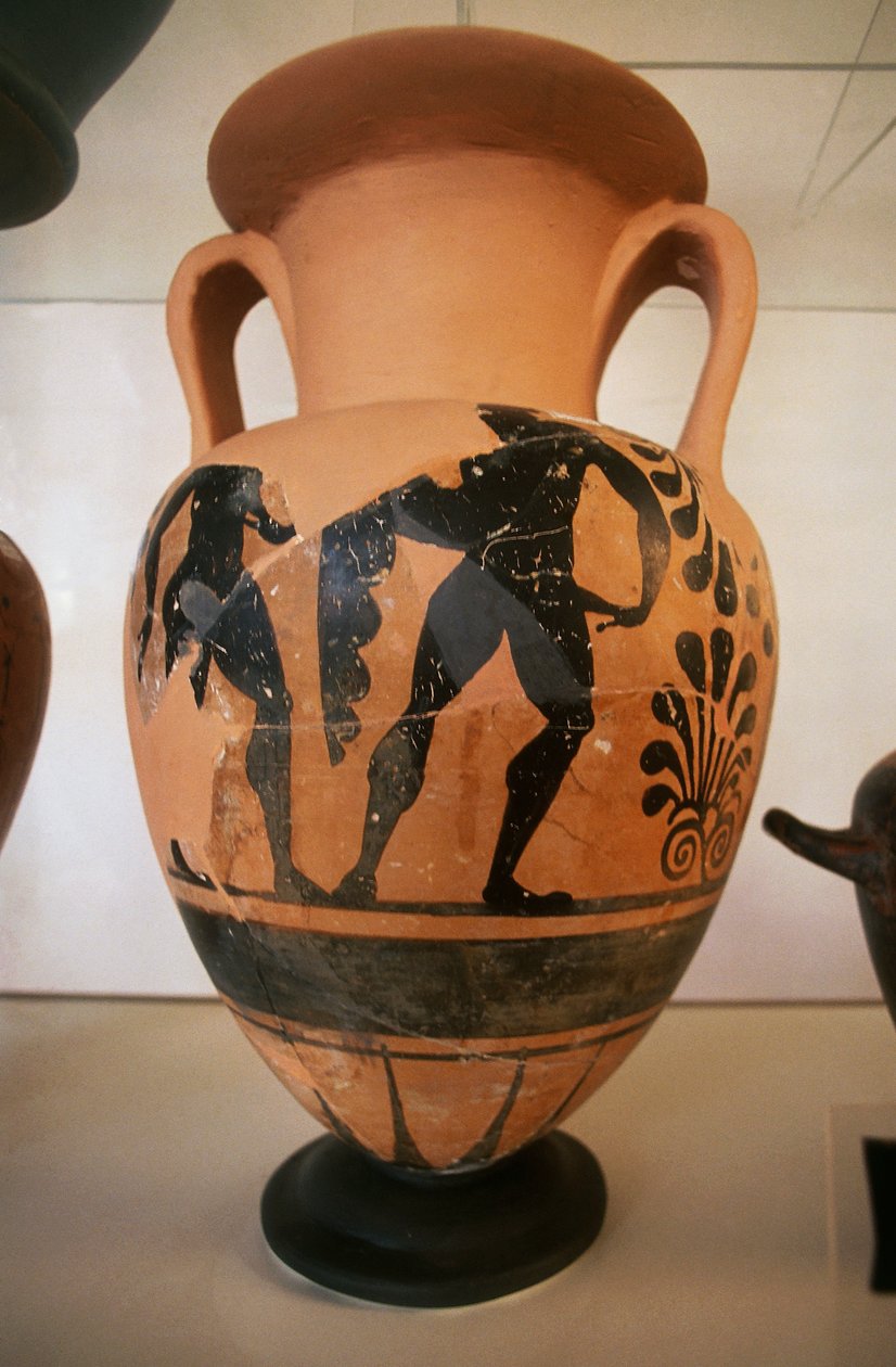 Etruskisk vase med sort figur, fra Roselle arkæologiske område, Toscana, Italien af Etruscan Etruscan
