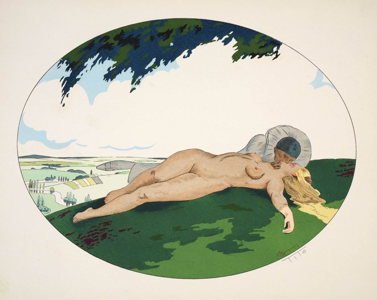 De fem sanser - hørelse, syn, lugt, berøring og smag, pub. Paris, 1925 (stenciltryk) af Ettore Tito