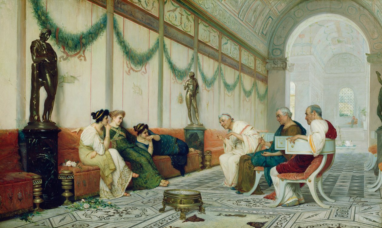 Interiør af romersk bygning med figurer, ca. 1880 (olie på lærred) af Ettore Forti