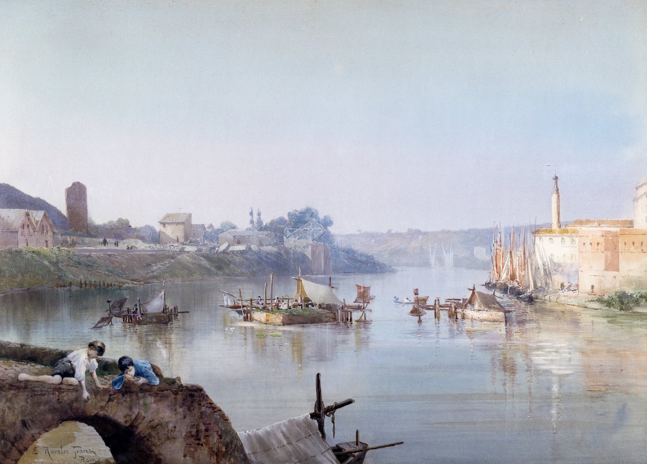 Fishermen at Ripa Grande, af Ettore Roesler Franz (1845-1907), akvarel. af Ettore Roesler Franz
