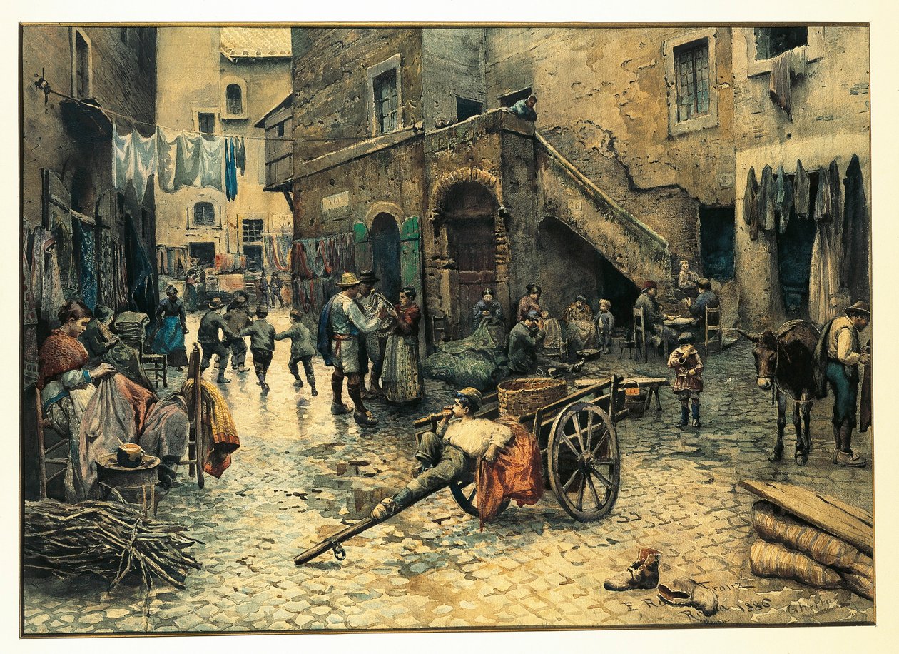 Italien, Rom, Gadeliv på Via Capocciuto i (jødisk) ghetto i Rom af Ettore Roesler Franz, akvarel af Ettore Roesler Franz