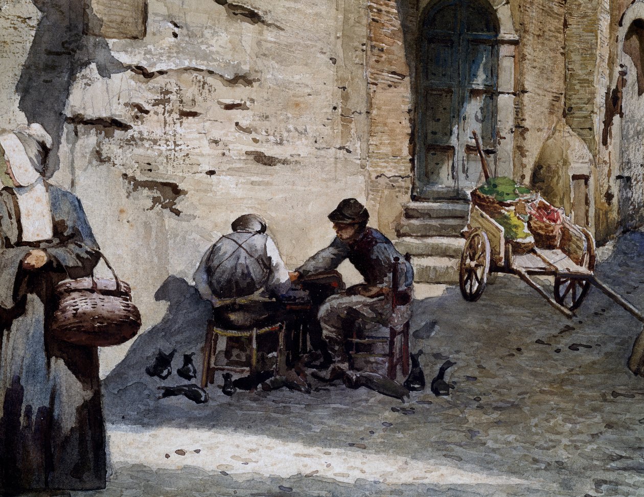 Gamle middelalderhuse på Lungaretta af Ettore Roesler Franz (1845-1907), akvarel fra serien Vanished Rome, Detail, Italien af Ettore Roesler Franz