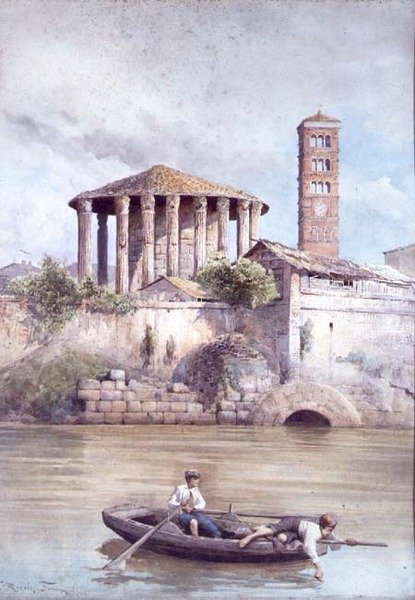 Herkules-templet fra floden Tiberen, Rom (akvarel) af Ettore Roesler Franz