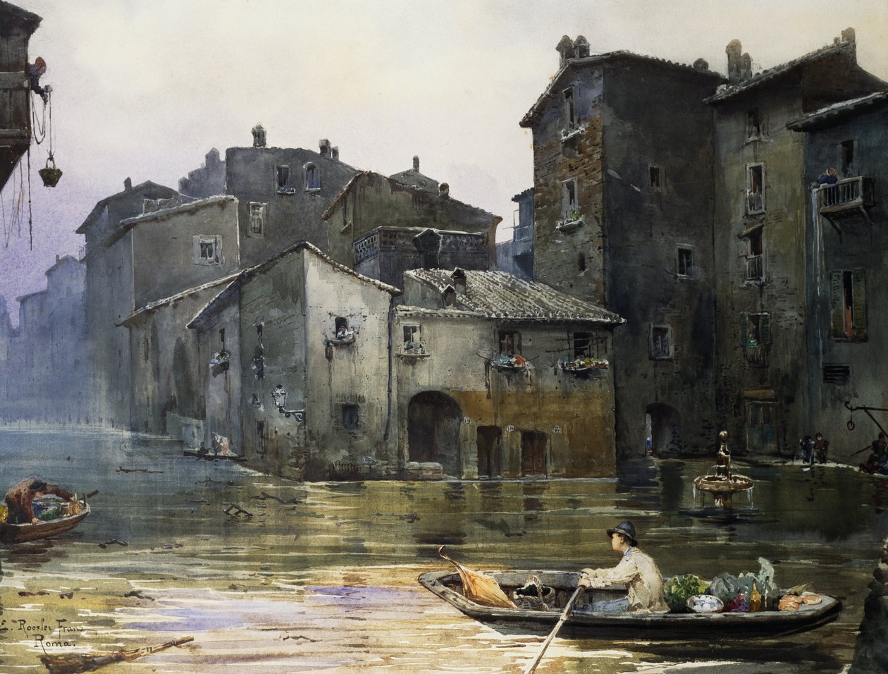 Via della Fiumara oversvømmet i Rom, af Ettore Roesler Franz (1845-1907), akvarel, Italien af Ettore Roesler Franz
