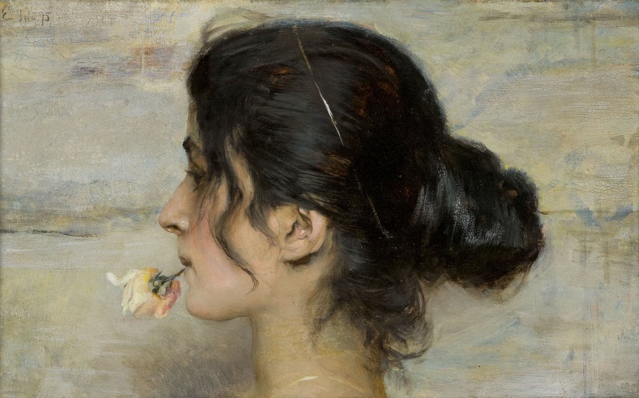 With the Rose Between her Lips With the Rose Between her Lips, 1895. af Ettore Tito