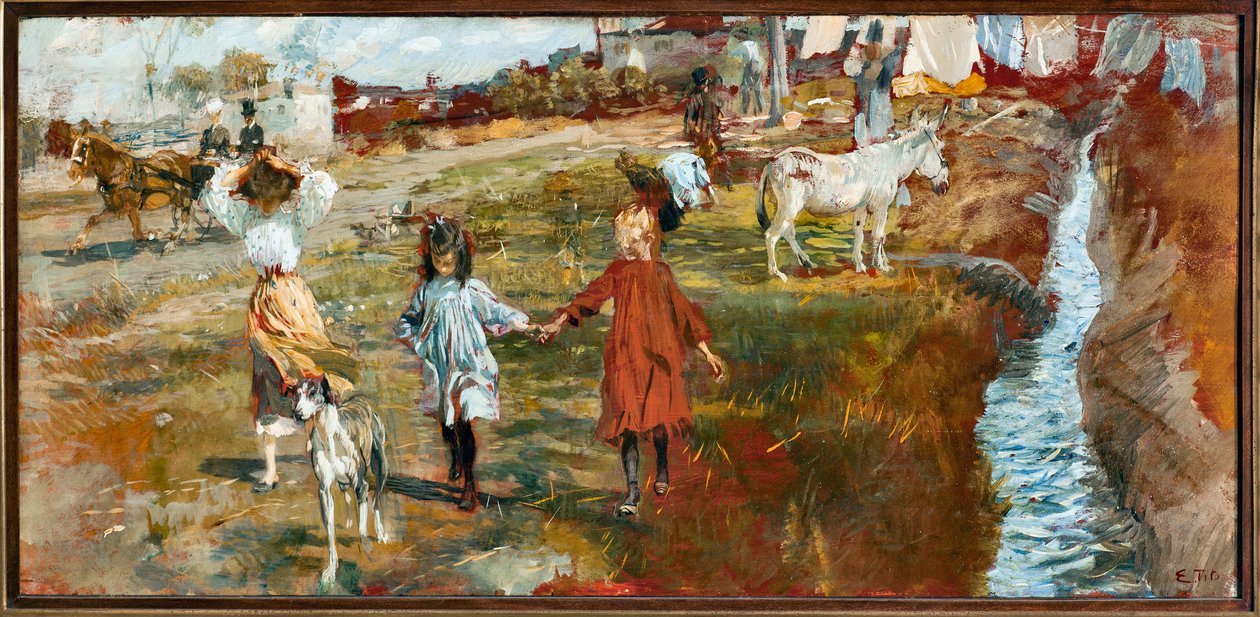 Landskab med børn og hund, et æsel ved floden (olie på lærred af Ettore Tito