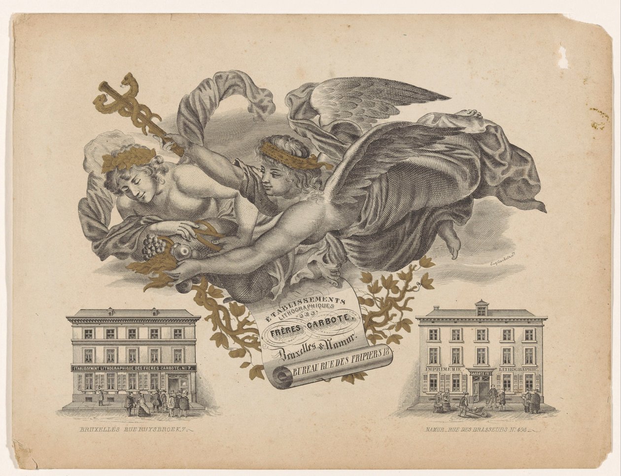 Reklamekort for litografisk trykkeri Frères Carbote i Bruxelles og Namur af Eug. Carbote