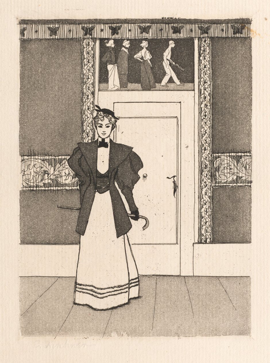Interiør med ung kvinde i gåkostume, 1895. af Eugen Kirchner