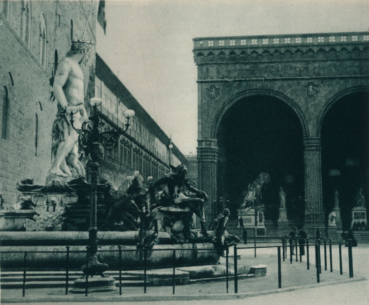 Neptunfontænen af Bartolomeo Ammanati og Loggia dei Lanzi, Firenze, Italien, 1927 af Eugen Poppel