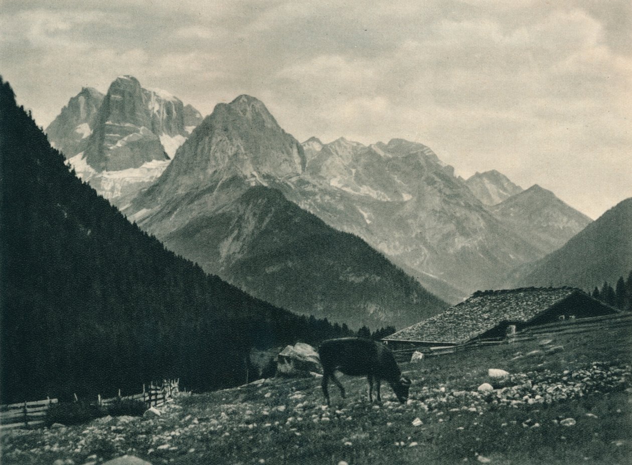 Udsigt over Brenta-gruppen med alpine græsgange, Madonna di Campiglio, Dolomitterne, Italien, 1927 af Eugen Poppel
