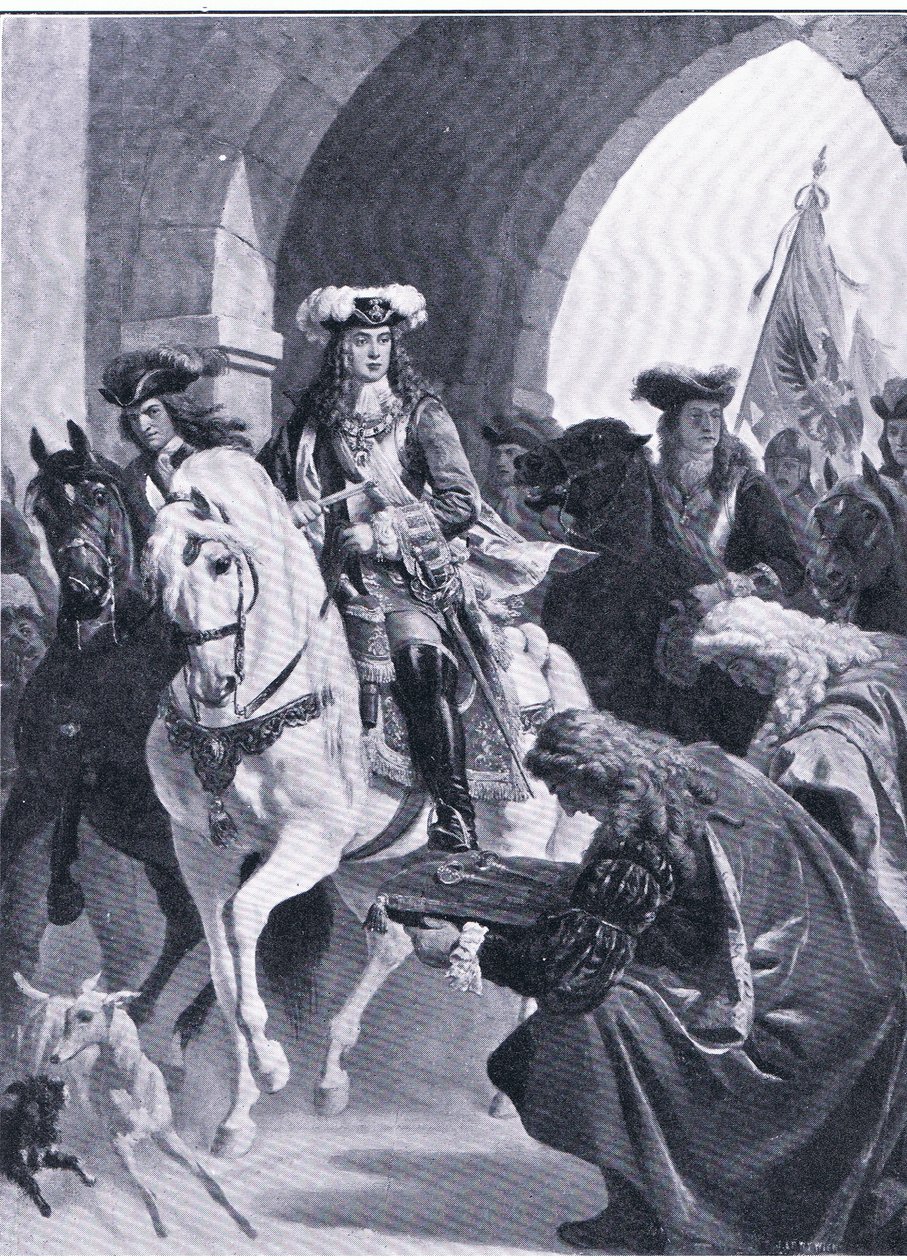 Østrigerne på vej ind i Beograd, illustration fra Landmarks in European History udgivet af Gresham Publishing Co, ca. 1920 (litho) af Eugen von Blaas