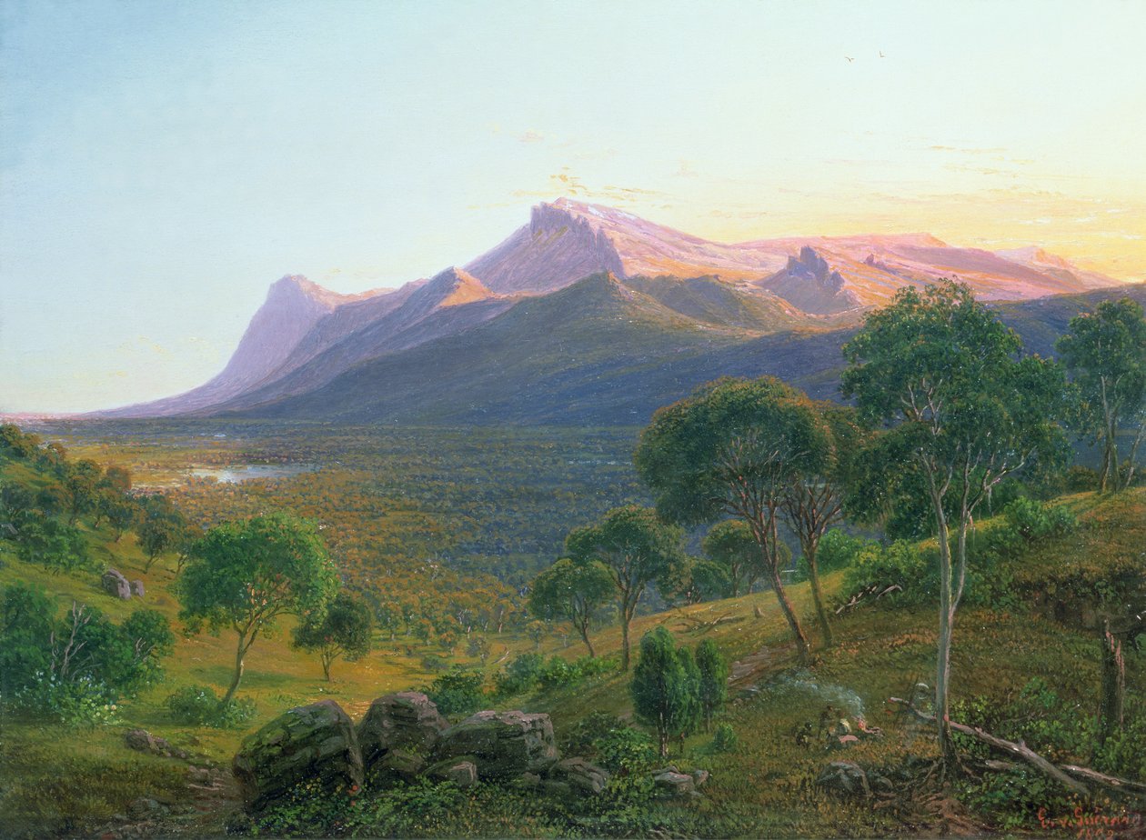 Aborigines ved en brand før Mount William set fra Mount Dryden i Grampians, Victoria, 1892 (olie) af Eugene von Guérard