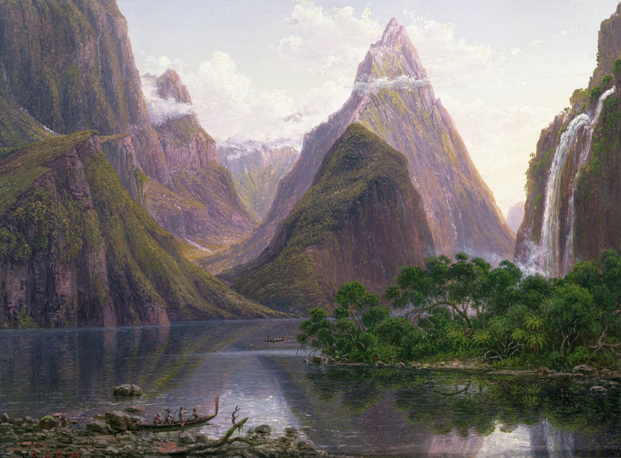 Indfødte figurer i en kano ved Milford Sound, vestkysten af Sydøen, New Zealand, også Mitre Peak og Bowens Fall er afbildet, 1892 af Eugene von Guérard