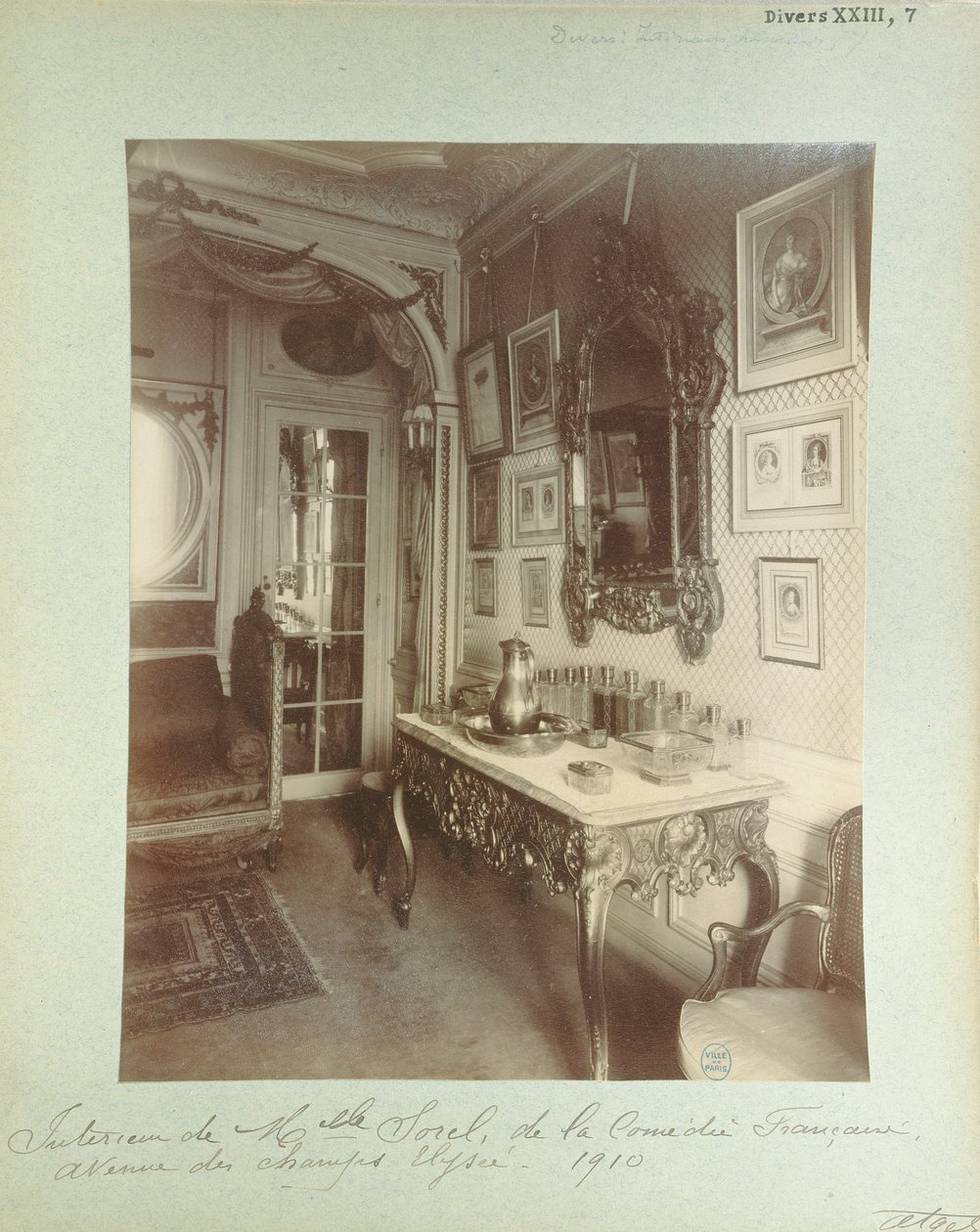 Interiør af Cecile Sorels hjem på 99 Avenue des Champs Elysees, 1910 af Eugène Atget