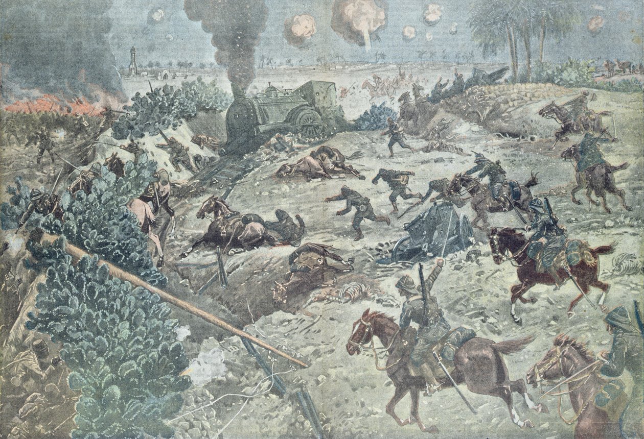 Britisk kavaleri skærer en jernbanelinje i et slag med tyrkiske tropper i Palæstina, illustration fra magasinet 