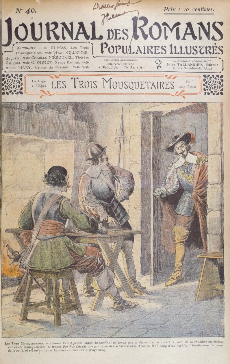 Forsiden af en serieudgave af "De tre musketerer" af Alexandre Dumas pere (1803-70) fra "Journal des Romans Populaires Illustres", 1905 af Eugene Damblans