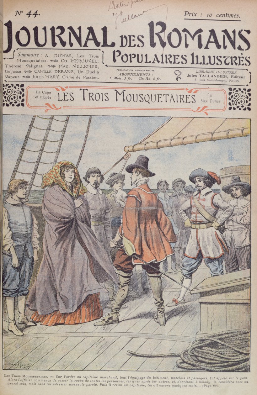 Forsiden af en serieudgave af "De tre musketerer" af Alexandre Dumas pere (1803-70) fra "Journal des Romans Populaires Illustres", 1905 af Eugene Damblans