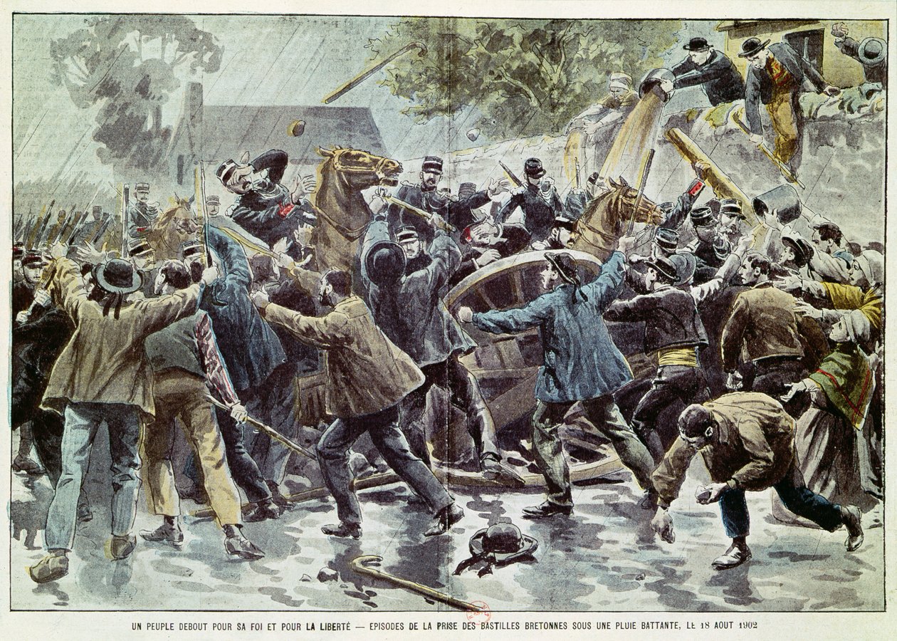 Uroligheder i Bretagne 18. august 1902, bretonere mod håndhævelse af loven om menigheder, 1902 (farvestik) af Eugene Damblans