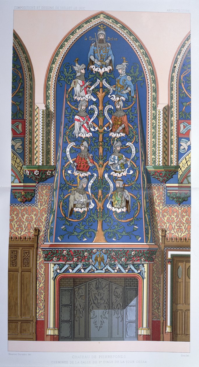 Dekoration med Kong Arthur og ridderne af det runde bord, til en pejs i Cesar-tårnet på Chateau de Pierrefonds, Frankrig (se også 101640) af Eugene Emmanuel Viollet le Duc