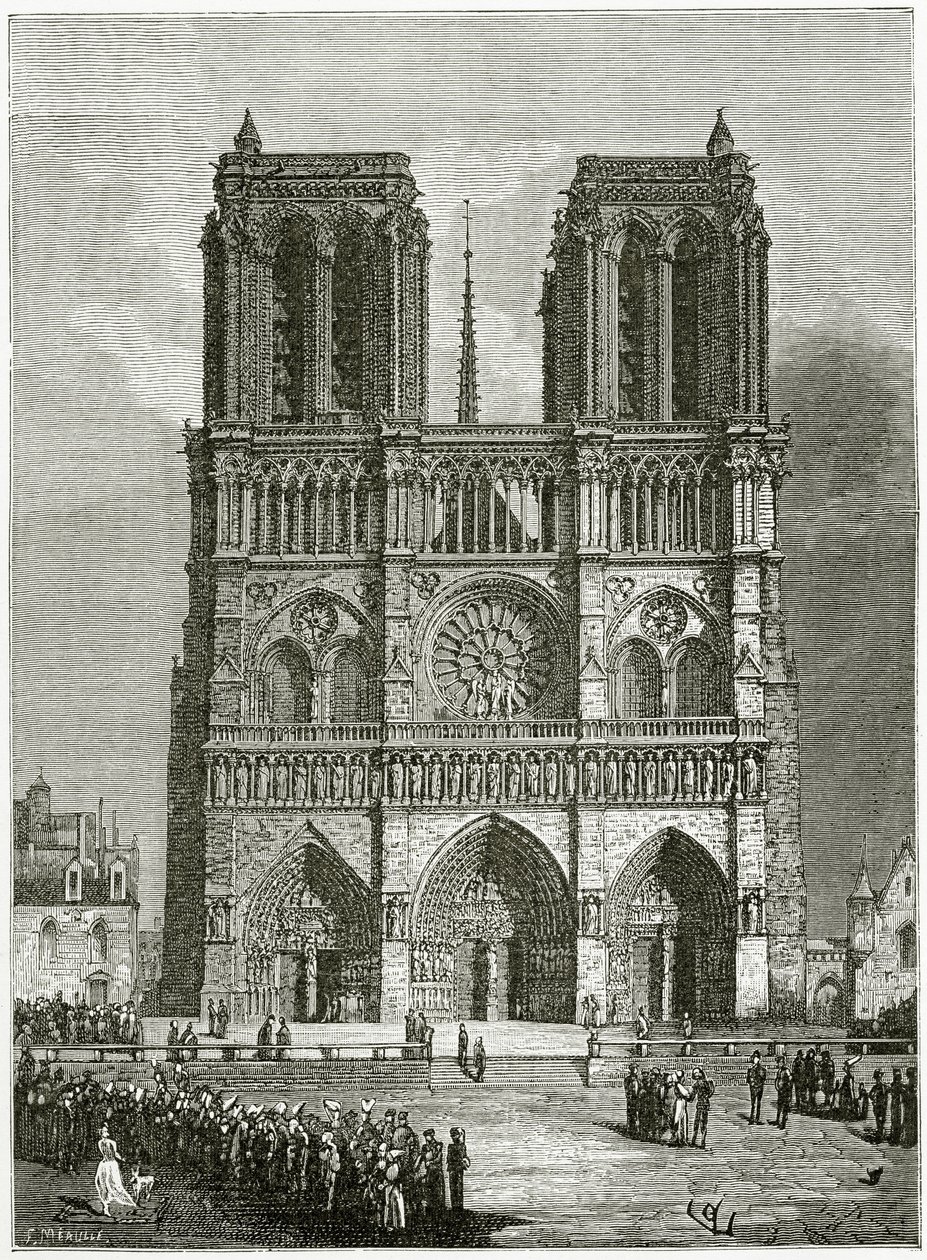 Notre Dame de Paris i 1642 - illustration fra Notre Dame de Paris, 1800-tallet (bw-gravering) af Eugene Emmanuel Viollet le Duc