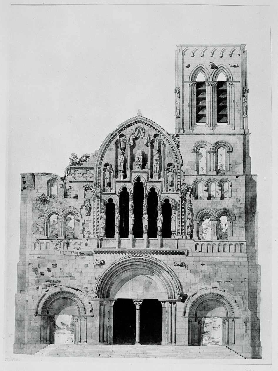 Facaden af La Madeleine de Vézelay (pen og blæk og wc på papir) af Eugene Emmanuel Viollet-le-Duc
