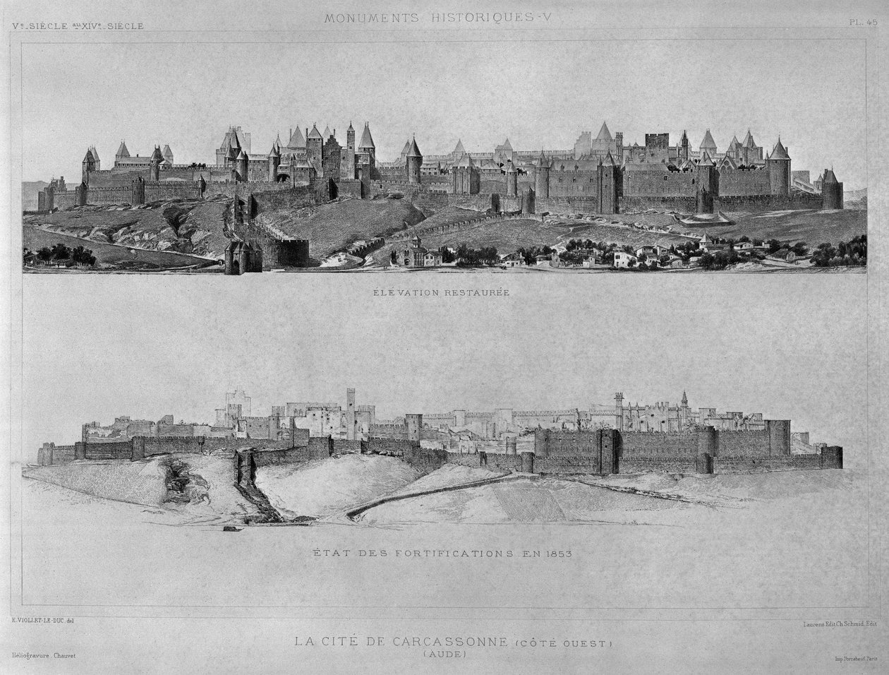Udsigt over Carcassonne fra vestsiden, befæstningernes og byens tilstand i 1853, illustration fra 