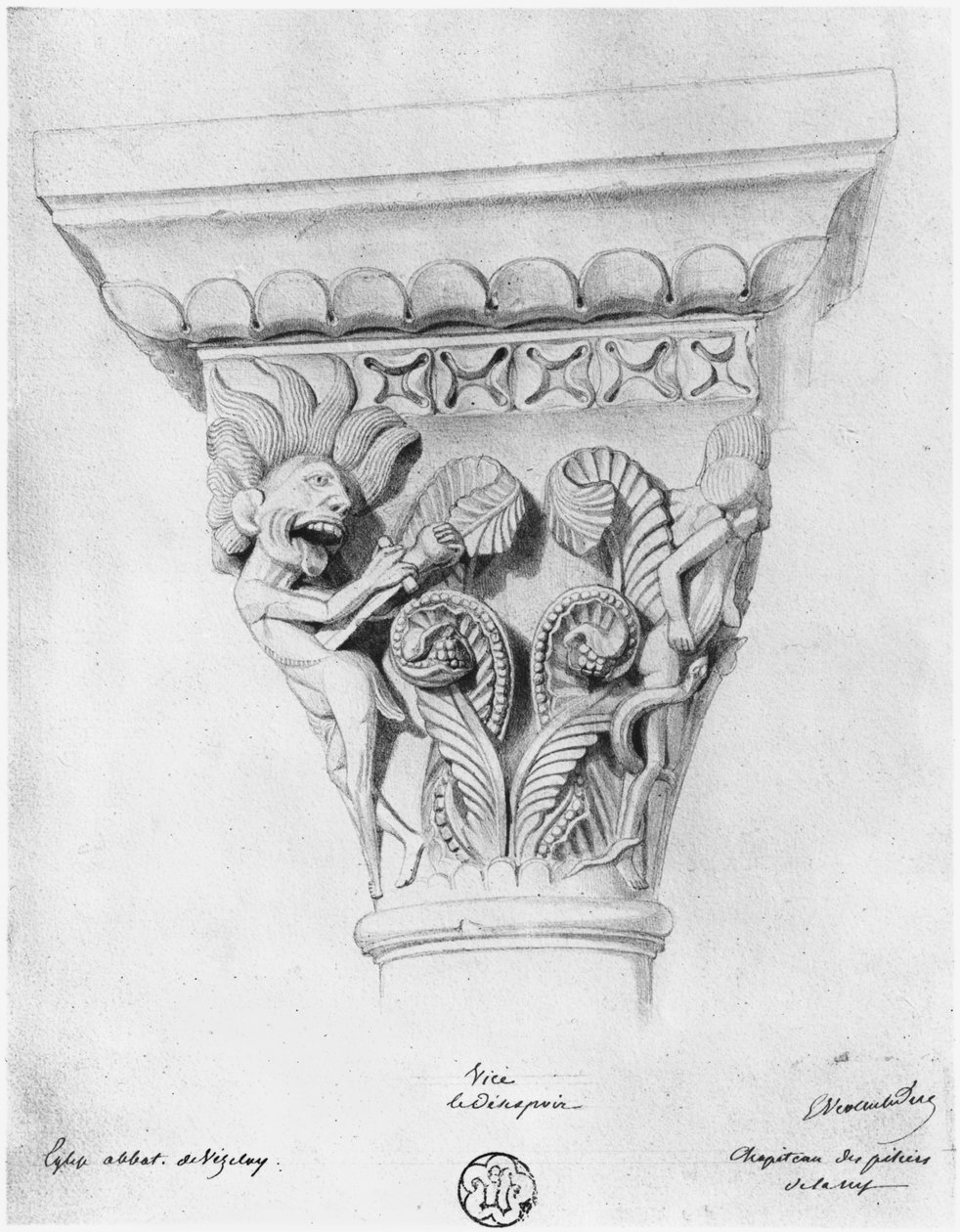 Hovedstad, der illustrerer fortvivlelsens vice, Abbey Church of La Madeleine, Vézelay, Frankrig af Eugene Emmanuel Viollet le Duc
