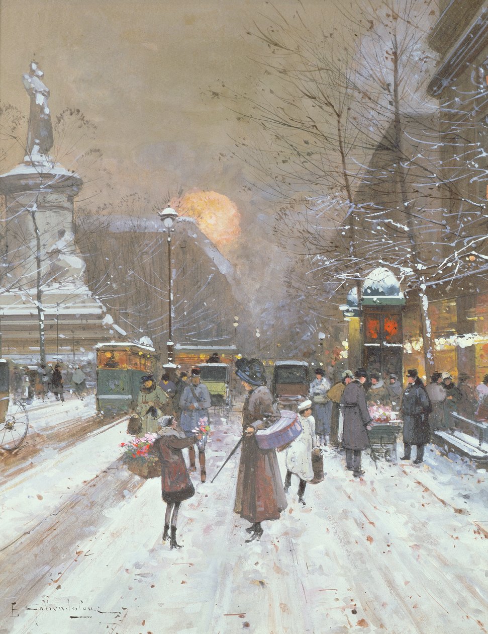 Parisisk snescene af Eugene Galien Laloue